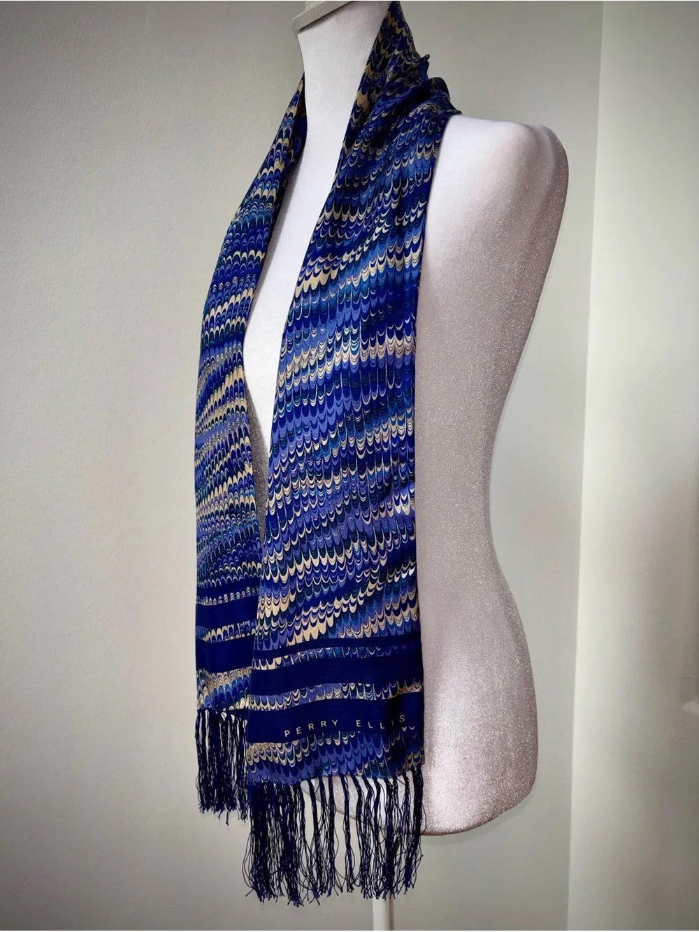 Perry Ellis Blue Art Deco Satin Fringe Scarf Vintage Glam Style
